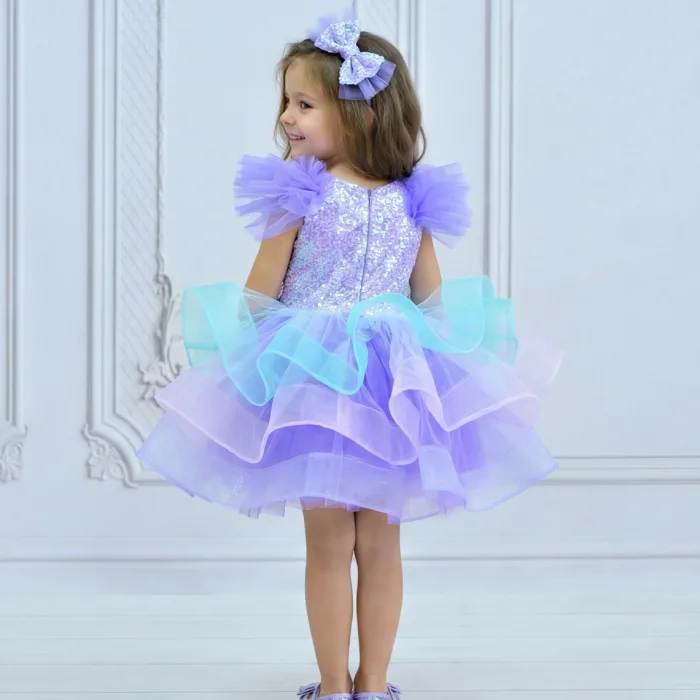 Lila Deniz Konsepti Deniz Kabuğu İşlemeli Çift Omuz Kabarık Gelinlik Elbise