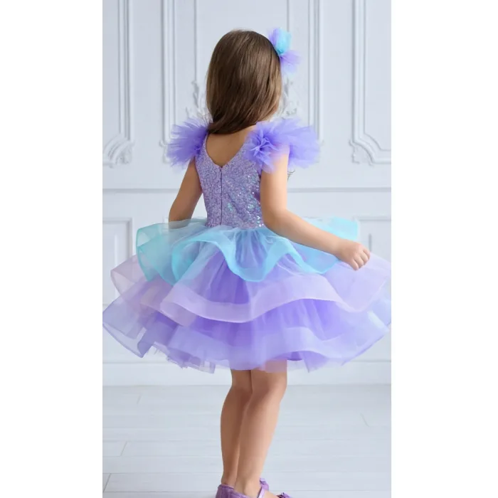 Lila Deniz Konsepti Deniz Kabuğu İşlemeli Çift Omuz Kabarık Gelinlik Elbise