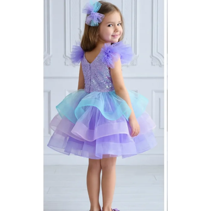 Lila Deniz Konsepti Deniz Kabuğu İşlemeli Çift Omuz Kabarık Gelinlik Elbise