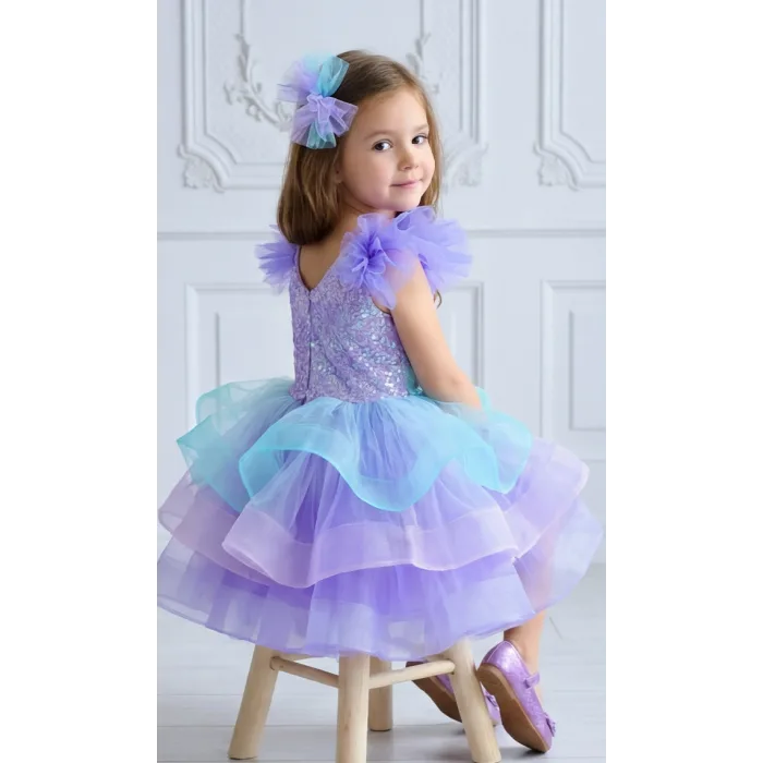 Lila Deniz Konsepti Deniz Kabuğu İşlemeli Çift Omuz Kabarık Gelinlik Elbise