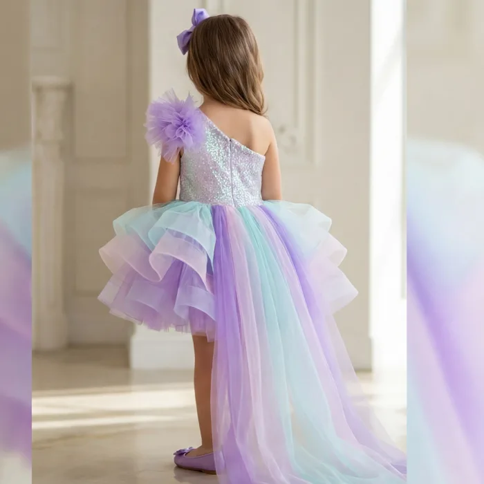 Lila Deniz Konsepti Tek Omuz Kuyruklu Deniz Kabuğu İşlemeli Kabarık Gelinlik Elbise