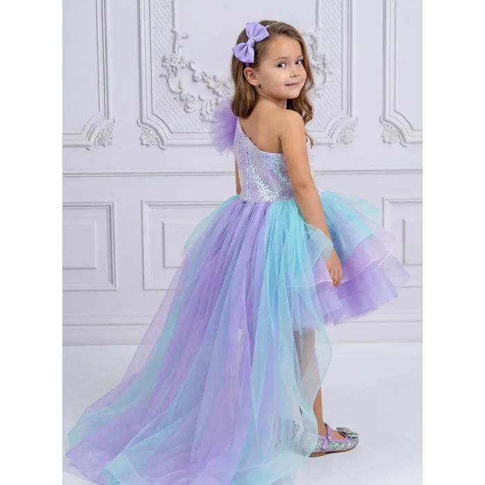 Lila Deniz Konsepti Tek Omuz Kuyruklu Deniz Kabuğu İşlemeli Kabarık Gelinlik Elbise