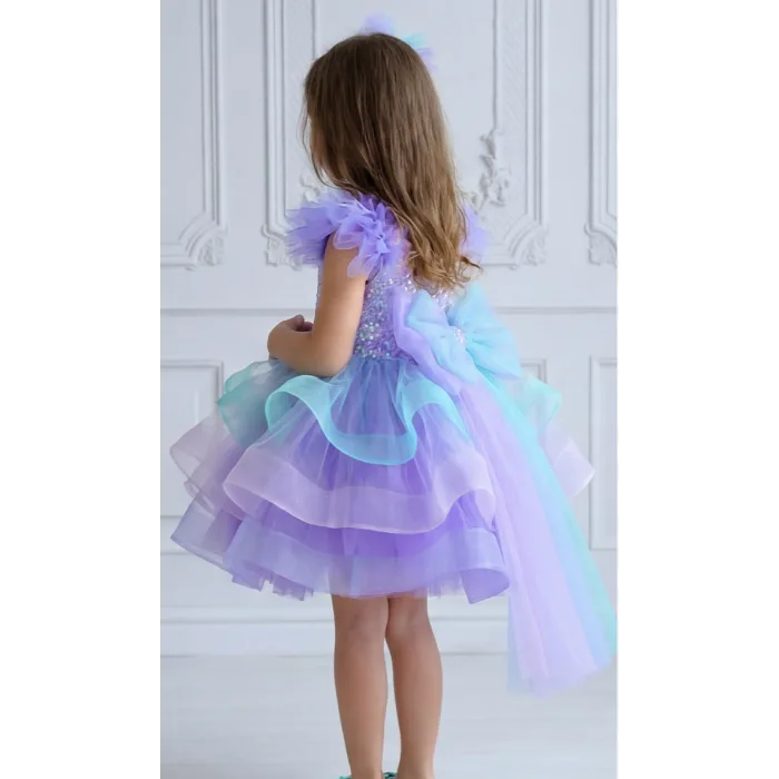 Lila Deniz Konsepti Kuyruklu Deniz Kabuğu İşlemeli Çift Omuz Kabarık Gelinlik Elbise