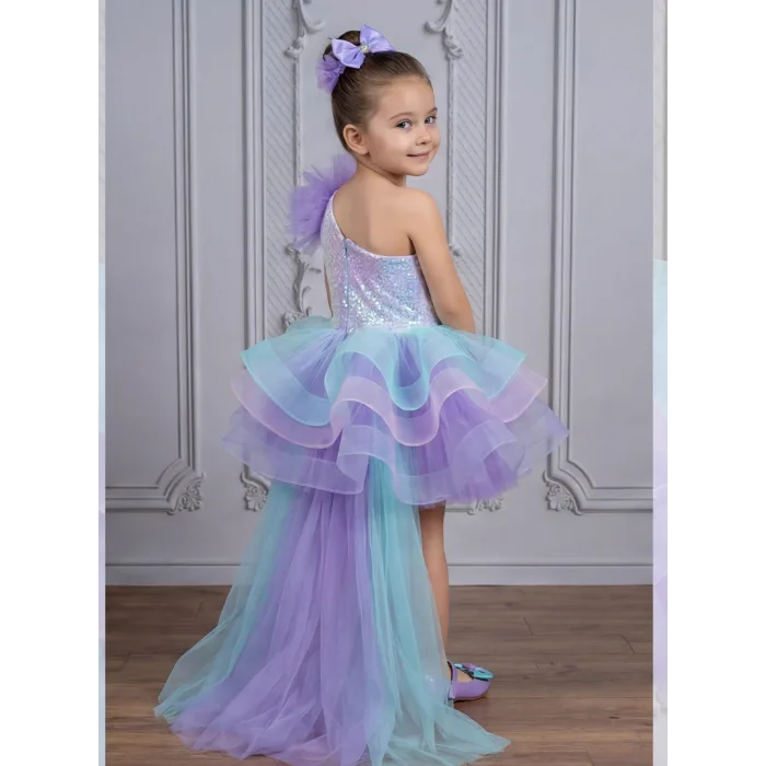 Lila Deniz Konsepti Tek Omuz Kuyruklu Deniz Kabuğu İşlemeli Kabarık Gelinlik Elbise