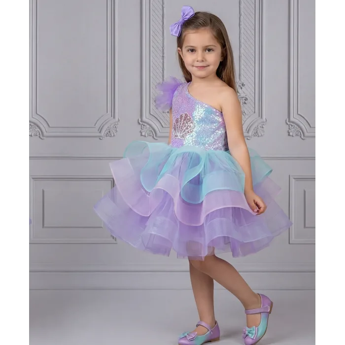 Lila Deniz Konsepti Tek Omuz Kuyruklu Deniz Kabuğu İşlemeli Kabarık Gelinlik Elbise