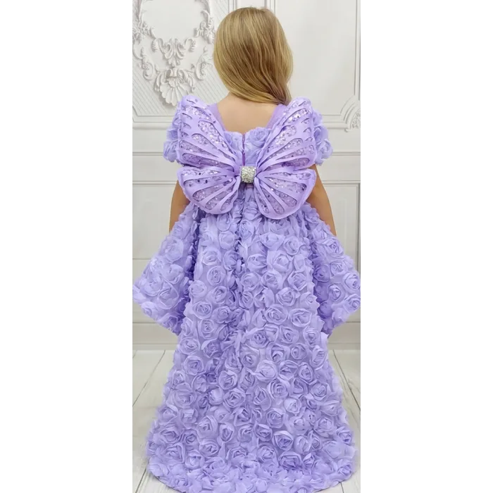 Lila Gül Desenli Kuyruklu+Kelebek set Kısa Balon Kol Ön Şeffaf Elbise Abiye