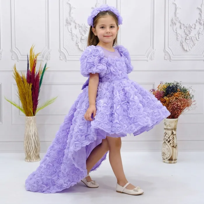 Lila Gül Desenli Kuyruklu+Kelebek set Kısa Balon Kol Ön Şeffaf Elbise Abiye