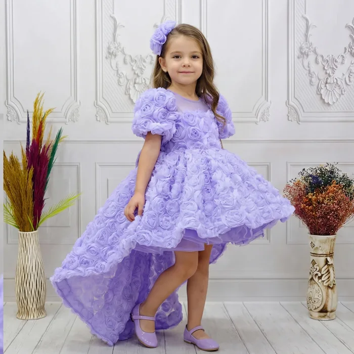 Lila Gül Desenli Kuyruklu+Kelebek set Kısa Balon Kol Ön Şeffaf Elbise Abiye