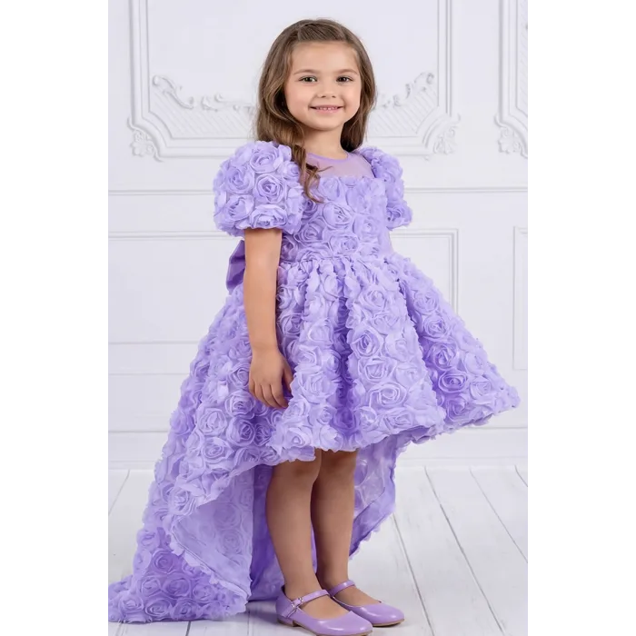 Lila Gül Desenli Kuyruklu+Kelebek set Kısa Balon Kol Ön Şeffaf Elbise Abiye