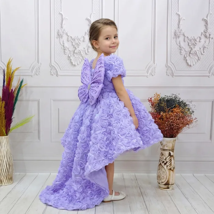 Lila Gül Desenli Kuyruklu+Kelebek set Kısa Balon Kol Ön Şeffaf Elbise Abiye