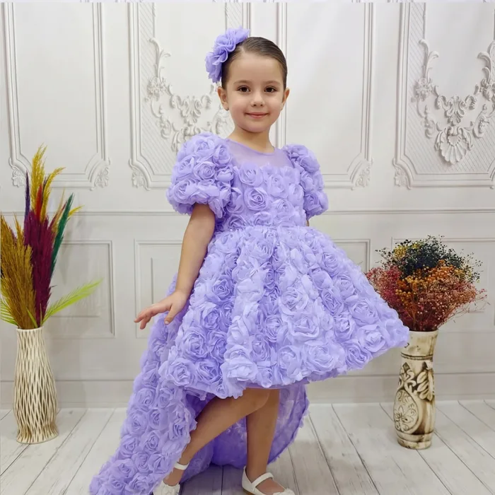 Lila Gül Desenli Kuyruklu+Kelebek set Kısa Balon Kol Ön Şeffaf Elbise Abiye