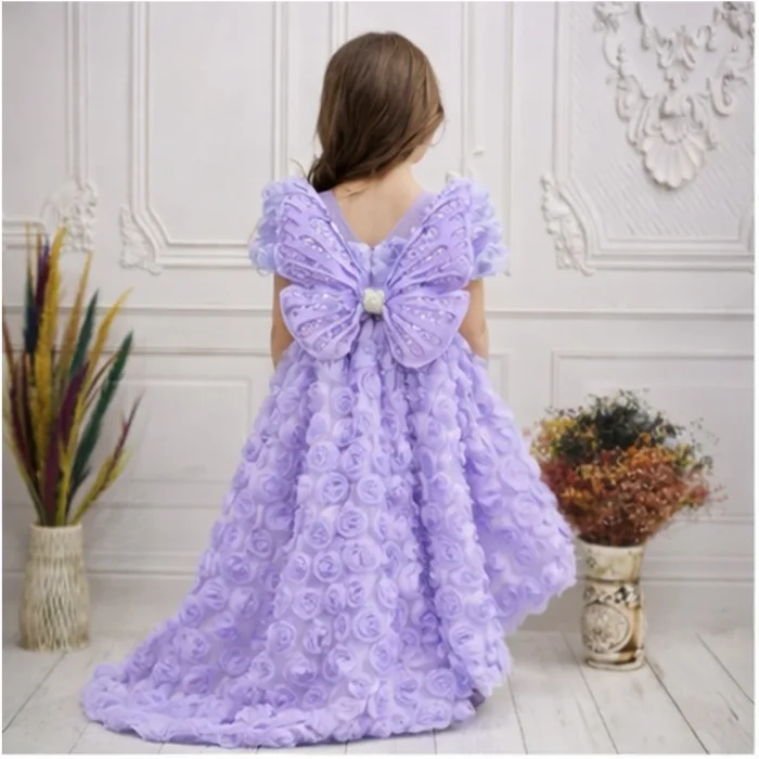 Lila Gül Desenli Kuyruklu+Kelebek set Kısa Balon Kol Ön Şeffaf Elbise Abiye