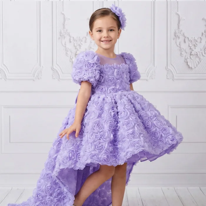 Lila Gül Desenli Kuyruklu+Kelebek set Kısa Balon Kol Ön Şeffaf Elbise Abiye