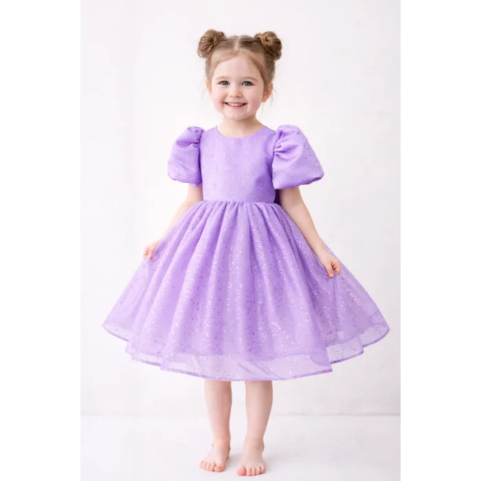 Lila Kısa Balon Kol Kabarık Elbise ABiye Gelinlik