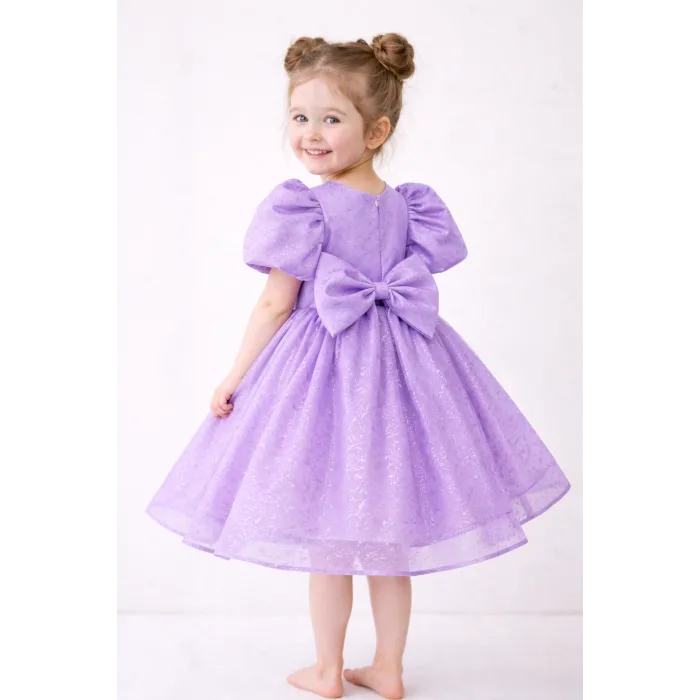 Lila Kısa Balon Kol Kabarık Elbise ABiye Gelinlik