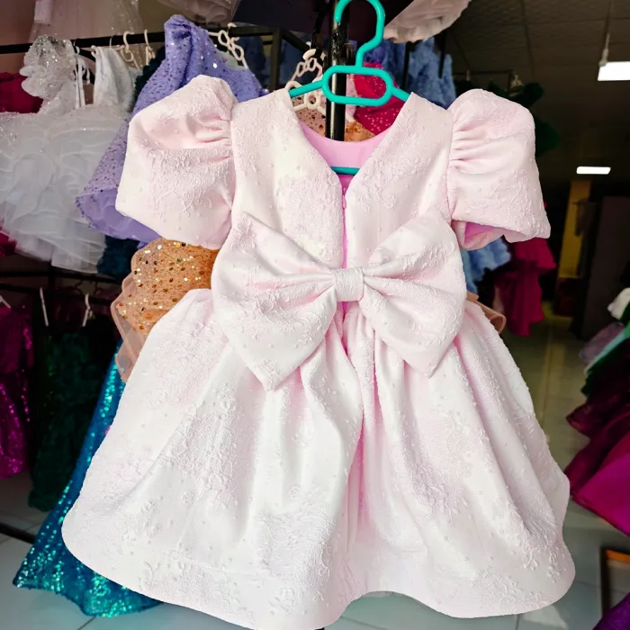 Pembe Jakar Kısa Kol Elbise Abiye Gelinlik