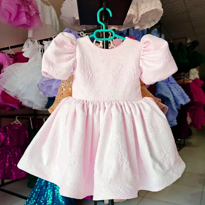 Pembe Jakar Kısa Kol Elbise Abiye Gelinlik