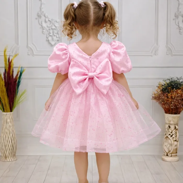 Pembe Flok Kısa Kol Elbise Abiye Gelinlik