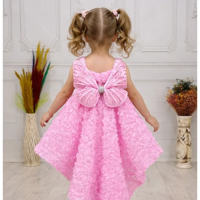 Pembe Gül Desenli Kelebekli Madonna Askılı Kol Elbise Abiye Gelinlik