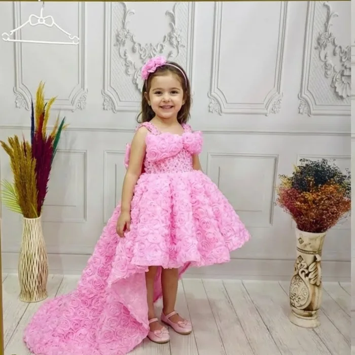 Pembe Gül Desenli Kelebekli Madonna Askılı Kol Elbise Abiye Gelinlik