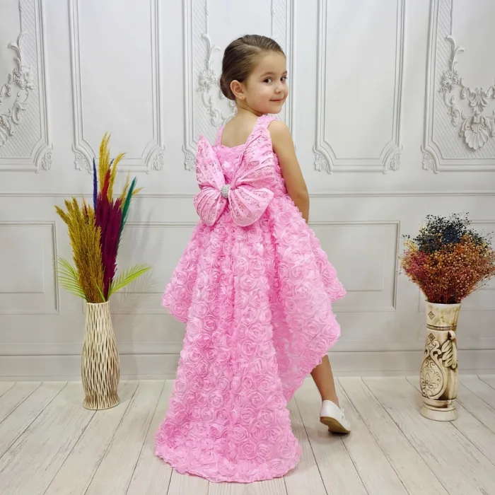 Pembe Gül Desenli Kelebekli Madonna Askılı Kol Elbise Abiye Gelinlik