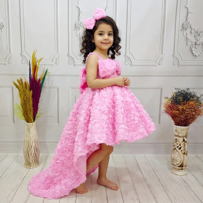 Pembe Gül Desenli Kelebekli Madonna Askılı Kol Elbise Abiye Gelinlik