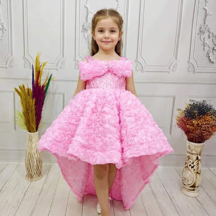 Pembe Gül Desenli Kelebekli Madonna Askılı Kol Elbise Abiye Gelinlik