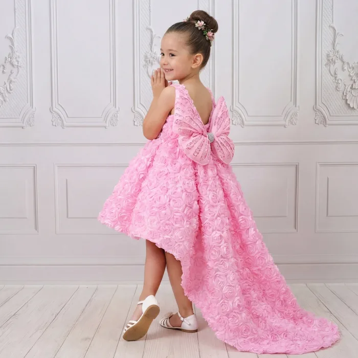 Pembe Gül Desenli Kelebekli Madonna Askılı Kol Elbise Abiye Gelinlik