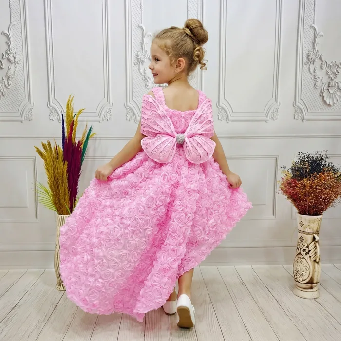 Pembe Gül Desenli Kelebekli Madonna Askılı Kol Elbise Abiye Gelinlik