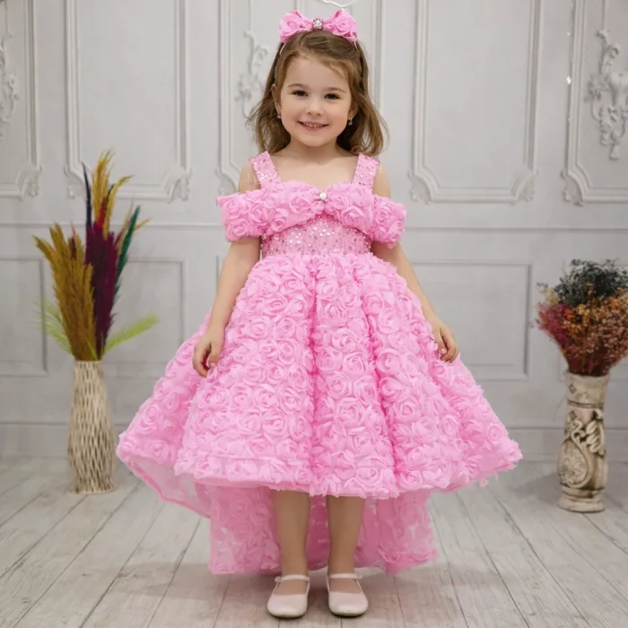 Pembe Gül Desenli Madonna Yaka Askılı Kol Elbise Abiye