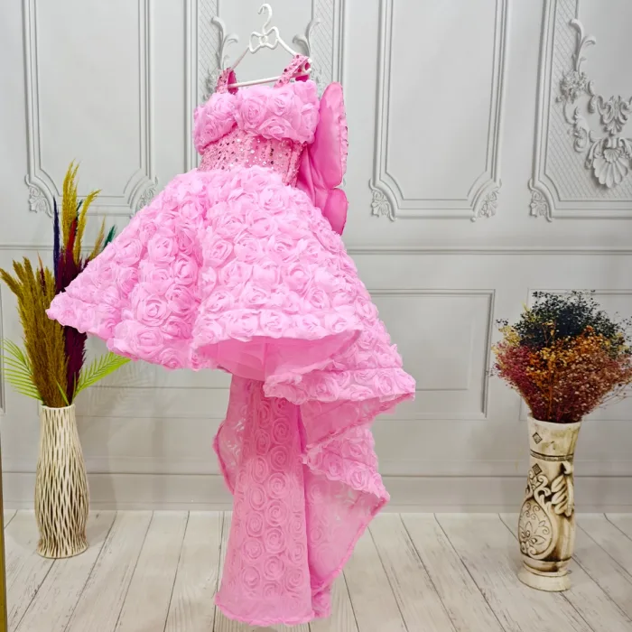 Pembe Gül Desenli Kelebekli Kanat Askılı Kol Elbise Abiye Gelinlik