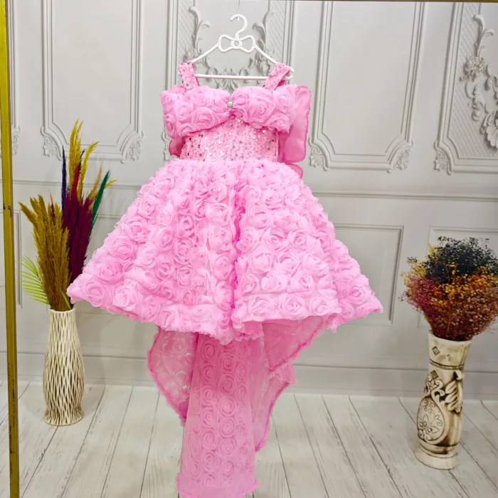 Pembe Gül Desenli Kelebekli Kanat Askılı Kol Elbise Abiye Gelinlik