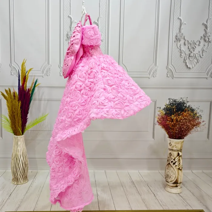 Pembe Gül Desenli Kelebekli Kanat Askılı Kol Elbise Abiye Gelinlik