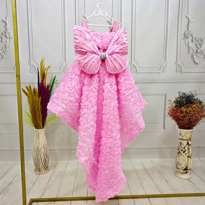 Pembe Gül Desenli Kelebekli Kanat Askılı Kol Elbise Abiye Gelinlik