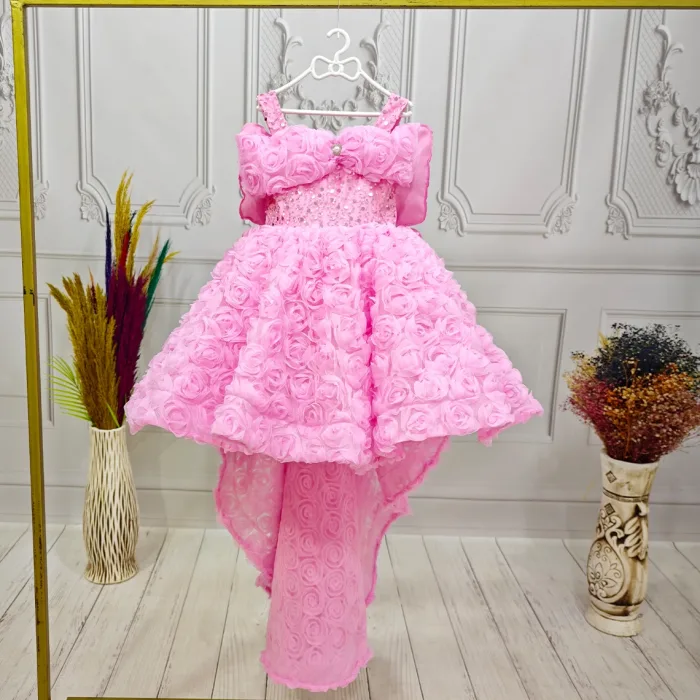 Pembe Gül Desenli Kelebekli Kanat Askılı Kol Elbise Abiye Gelinlik