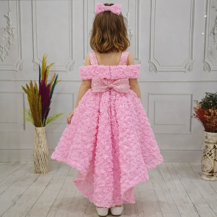 Pembe Gül Desenli Madonna Yaka Askılı Kol Elbise Abiye