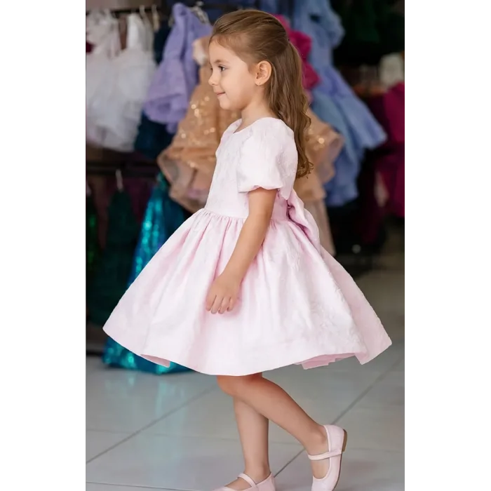 Pembe Jakar Kısa Kol Elbise Abiye Gelinlik