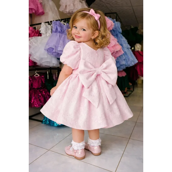 Pembe Jakar Kısa Kol Elbise Abiye Gelinlik