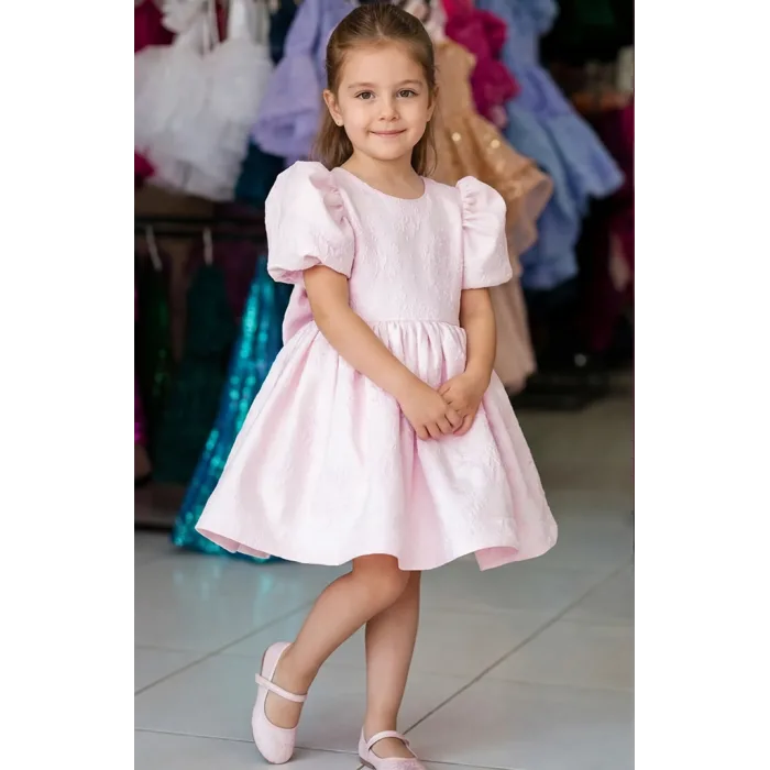 Pembe Jakar Kısa Kol Elbise Abiye Gelinlik