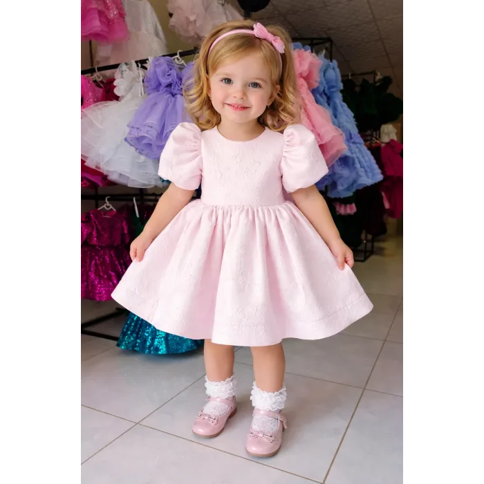 Pembe Jakar Kısa Kol Elbise Abiye Gelinlik