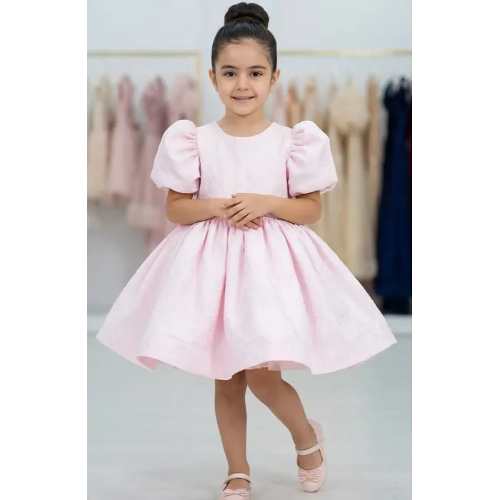 Pembe Jakar Kısa Kol Elbise Abiye Gelinlik