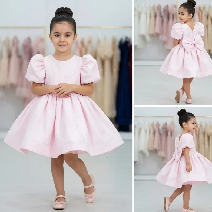 Pembe Jakar Kısa Kol Elbise Abiye Gelinlik