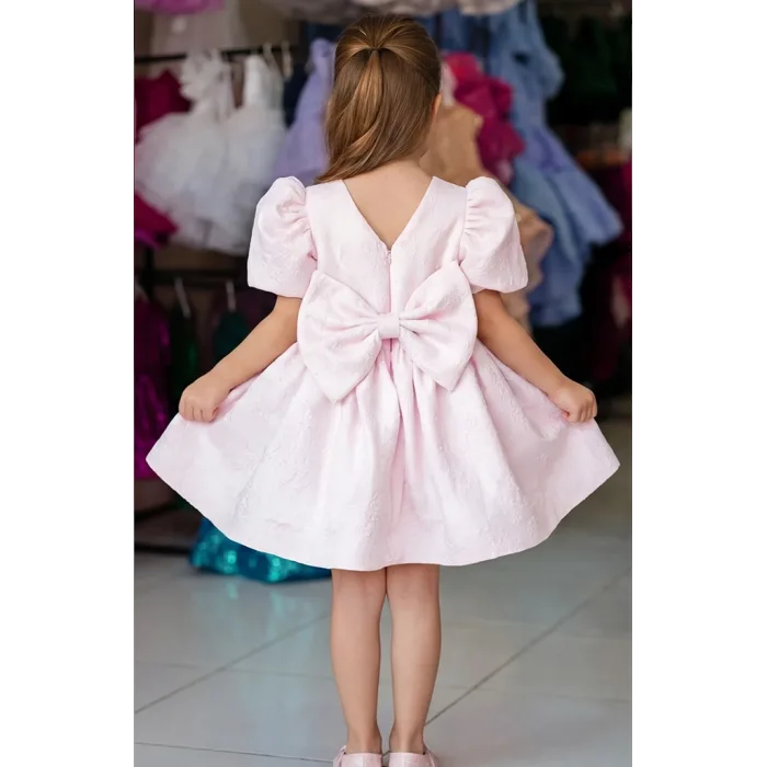 Pembe Jakar Kısa Kol Elbise Abiye Gelinlik