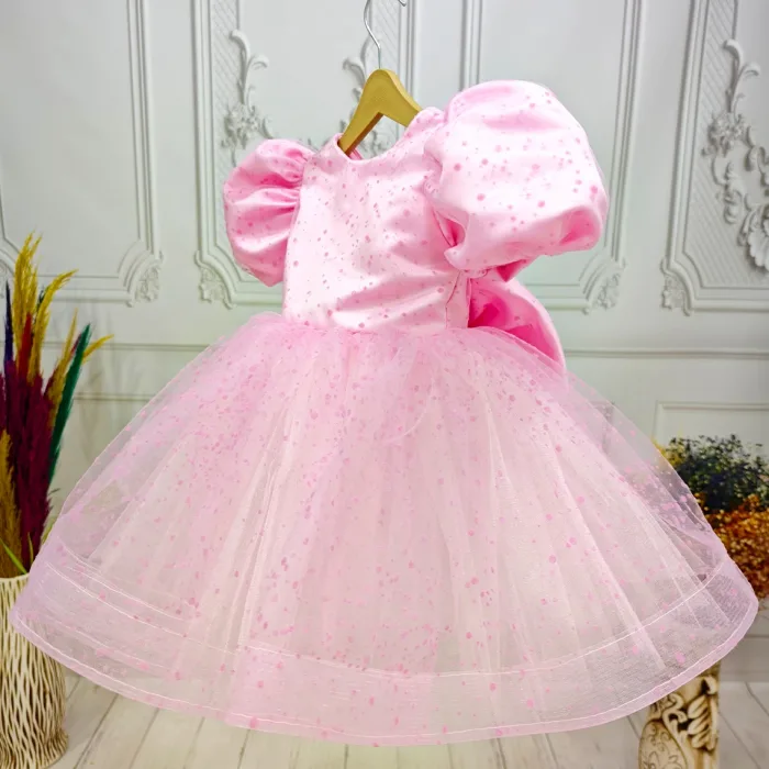 Pembe Flok Kısa Kol Elbise Abiye Gelinlik