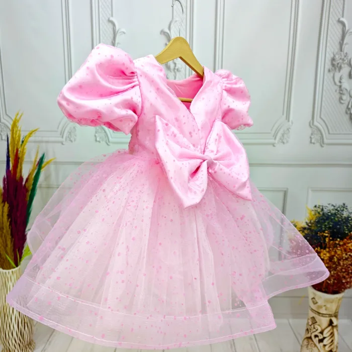 Pembe Flok Kısa Kol Elbise Abiye Gelinlik