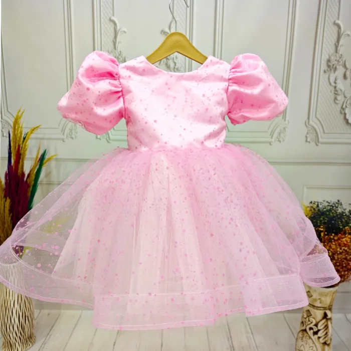 Pembe Flok Kısa Kol Elbise Abiye Gelinlik