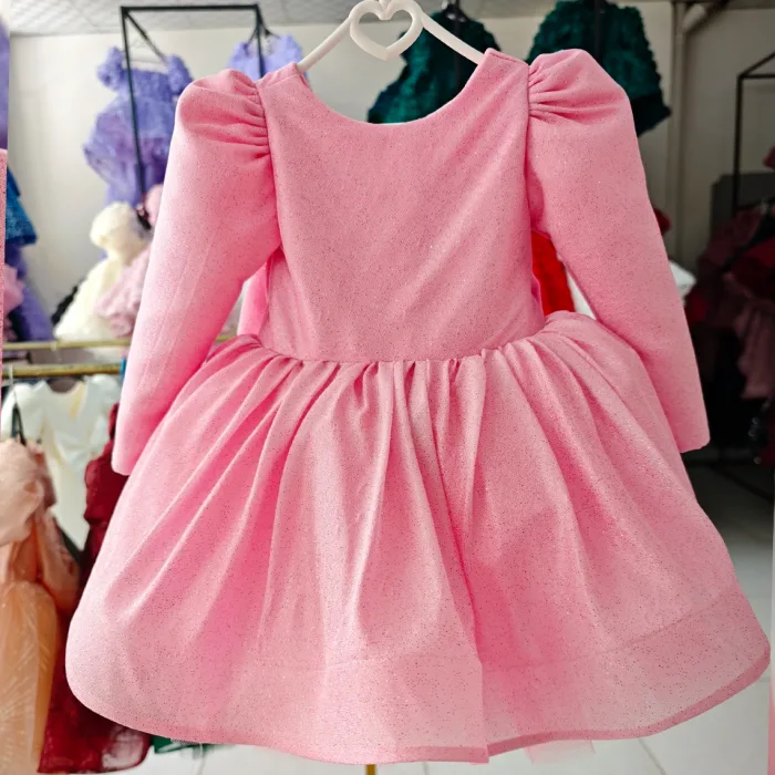 Pembe Simli Parıltılı Uzun Kol Elbise Abiye Gelinlik