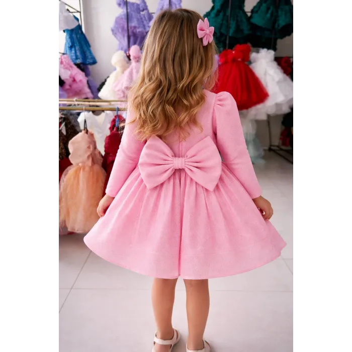 Pembe Simli Parıltılı Uzun Kol Elbise Abiye Gelinlik