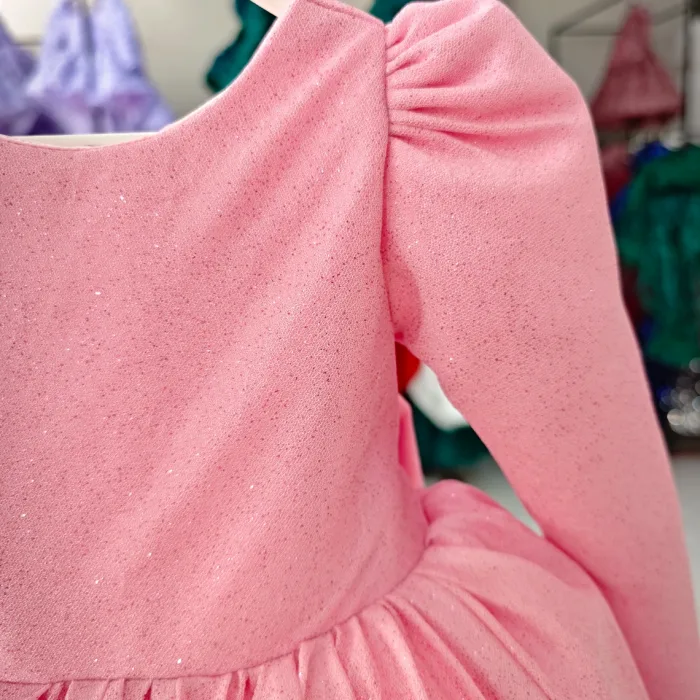 Pembe Simli Parıltılı Uzun Kol Elbise Abiye Gelinlik