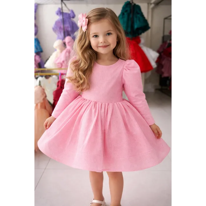 Pembe Simli Parıltılı Uzun Kol Elbise Abiye Gelinlik